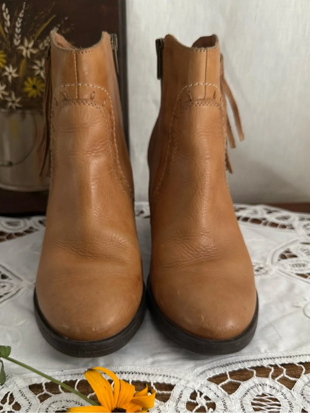 Pikolinos Leather Ankle Boots 38 US 7.5 8 Camel Tassel Boho Block Heel Boot